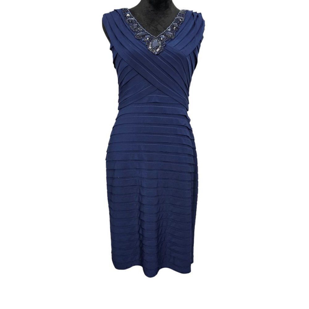 Adrianna Papell V Neck Embellished Sleeveless Navy Sheath Midi Dress